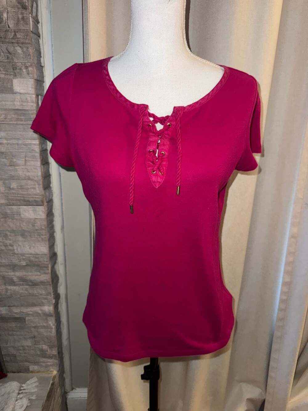 Lauren Ralph Lauren Lace-Up Top Size S Pink Cotton Short Sleeve T-Shirt